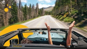 Personas viajando en un auto descapotable por una ruta escénica rodeada de bosques.