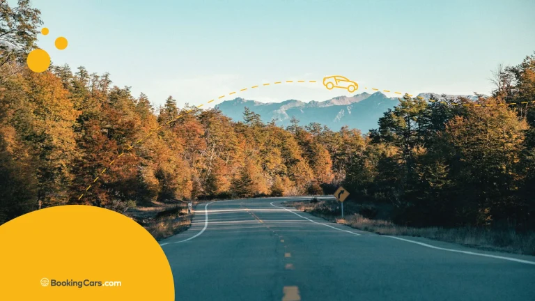 Carretera rodeada de árboles otoñales con montañas al fondo.