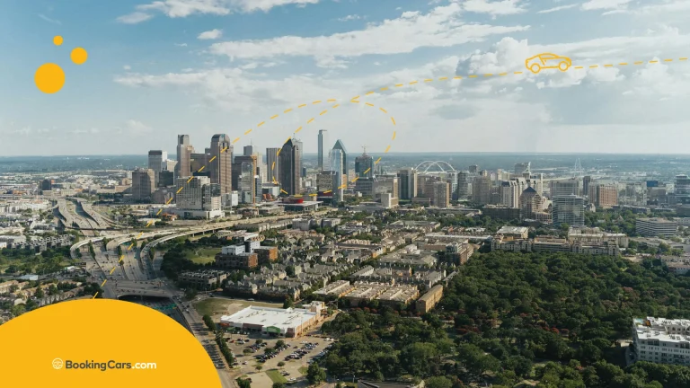 Vista aérea de Dallas con trazo amarillo y logo de BookingCars.com